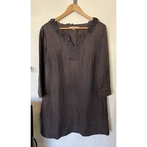 Boden Charcoal Gray V Neck 3/4 Sleeve Silk Linen Blend Tunic Mini Dress Size 12